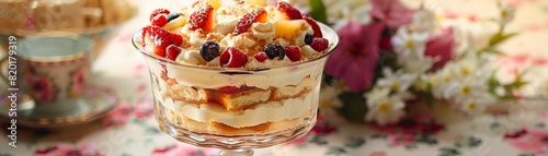 English trifle, layers of sponge, fruit, custard, and cream, tall glass bowl, elegant afternoon tea setting, softfocus background with floral patterns