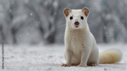 an white ermine animal fully body close up sit in the snow
