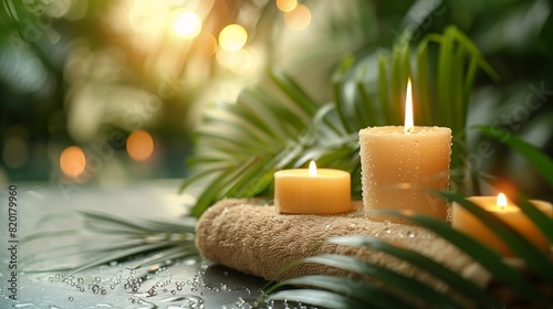 candles lit towel palm leaf wet jungle landscape product relaxing resources background thick layers rhythms under shower deep particles potted trees radiate connection soft bushes