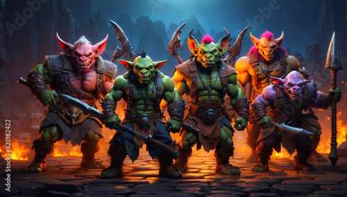 A group of trolls with their weapons