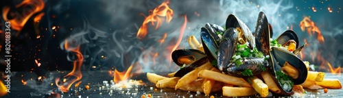 Moules frites, mussels cooked in white wine sauce, served with fries, Belgian beachside cafe
