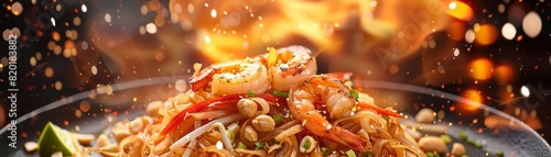 Pad Thai, stirfried noodles with shrimp, peanuts, and lime, bustling Thai street food scene