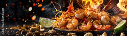 Pad Thai, stirfried noodles with shrimp, peanuts, and lime, bustling Thai street food scene
