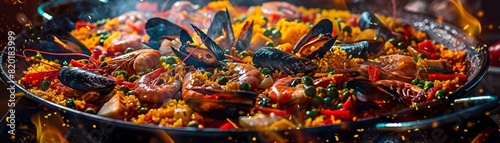 Paella, rich and colorful Spanish rice dish with seafood, vibrant Valencia festival