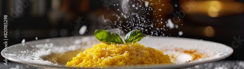 Risotto alla Milanese, saffroninfused risotto, elegant Milanese restaurant