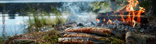 Surstromming, Swedish fermented herring, opened outdoors, traditional summer setting near a lake