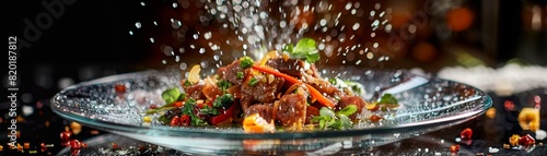 Thai beef salad, spicy and sour with fresh herbs, served on a glass plate, modern Bangkok restaurant setting