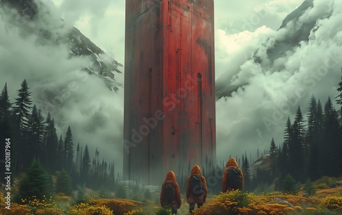 three people walking front tall tower red mech creating thin monolith digital oddly familiar distant forest fabric powerful huge outpost excalibur