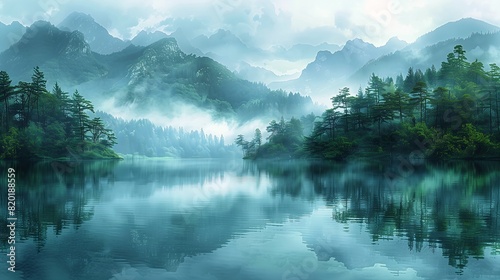 boat floating deep near mountains trees green blue color grey forest background floats air breath condensation forests swirling
