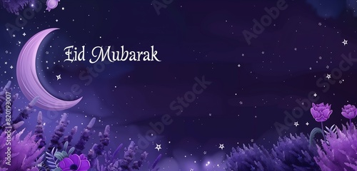 Minimalist Eid ul Adha banner with purple lavender, crescent moon, and starry night sky,