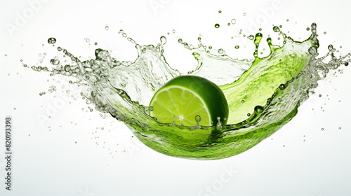 one half sliced green lime water splash no white background