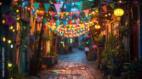 A festive alley decorated with string lights and small flags for a local festival.
