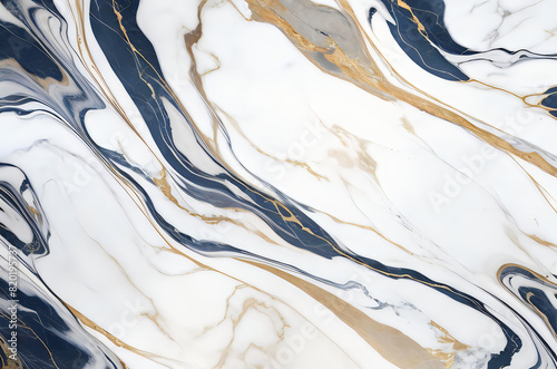 Luxurious Marble Texture with Blue Veins and Gold Accents. Elegant high-resolution image of white marble with striking blue veins and shimmering gold accents, perfect for luxury design backgrounds, ho
