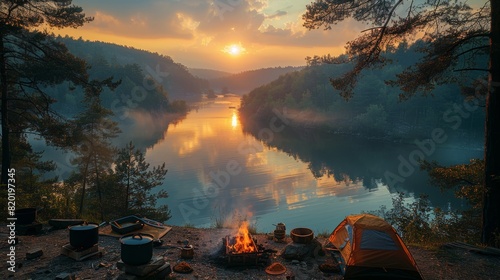 sunset dinner in nature, cooking at the campsite, camping food, hiking trail at sunset