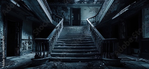 The interior of an abandoned mansion featuring a majestic grand staircase.