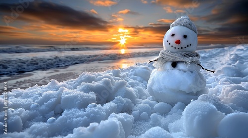 Snowman s sunny seaside escape embracing warmth after melting snow, a delightful holiday