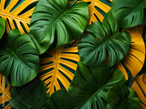 Summery composition flaunts top view of tropical leaves