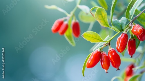 The Goji berry also known as wolfberry and scientifically named Lycium Barbarum is a small bright red fruit. Creative banner. Copyspace image