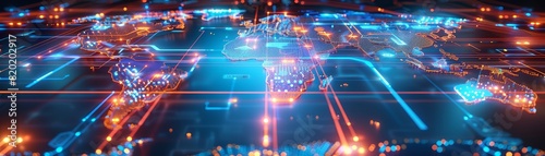 A map of the world with highlighted tech zones and digital highways, top view, representing tech connectivity, advanced tone, Analogous Color Scheme