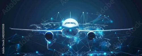 Airplane in blue polygons, focus on, sharp and radiant, Double exposure silhouette with world map connectivity