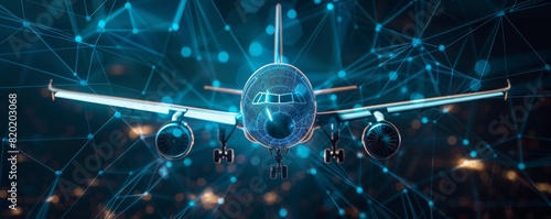Airplane in blue polygons, focus on, sharp and radiant, Double exposure silhouette with world map connectivity