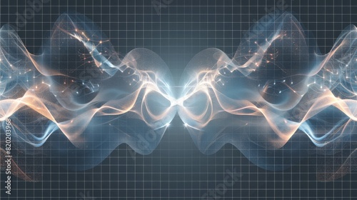 Abstract digital waves interacting on a dark grid background, representing futuristic technology, data flow, and energy transmission.