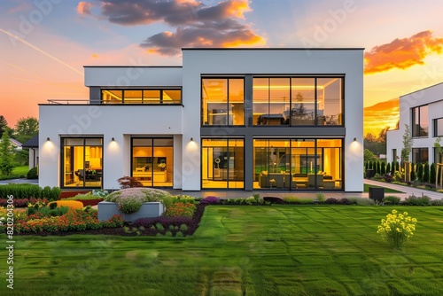 : A modern house with clean, minimalist lines, featuring large floor-to-ceiling windows reflecting a picturesque sunset