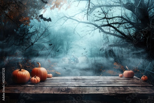 Halloween background. Spooky forest with dead trees and pumpkins and wooden table. Wood table. Halloween design with pumpkins - Generative Ai