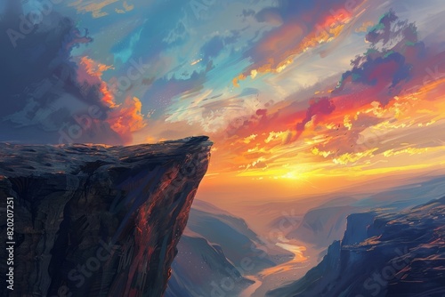 a cliff, overlooking a breathtaking sunset, realism, warm colors, high detail, sense of amazement