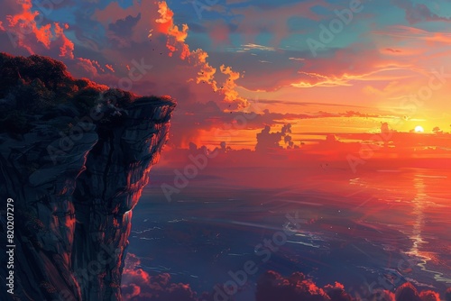 a cliff, overlooking a breathtaking sunset, realism, warm colors, high detail, sense of amazement