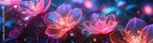 Fantasy flowers, glowing petals, neon colors, 3D rendering, surreal atmosphere