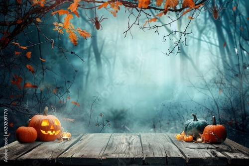 Halloween background. Spooky forest with dead trees and pumpkins and wooden table. Wood table. Halloween design with pumpkins - Generative Ai