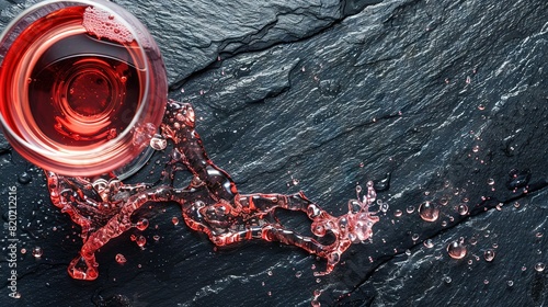  A close-up of a wine glass perched atop a rock, with water cascading from it and a fiery red light emanating from its center