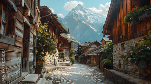 A rustic alley in a mountain village with stunning views of the surrounding peaks.