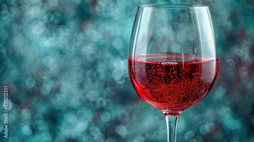  A wine glass in close-up on a table with red wine blurring the background