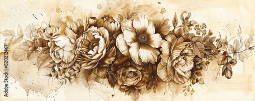 Vintage floral bouquet, sepia tones, ink drawing, detailed, antique style