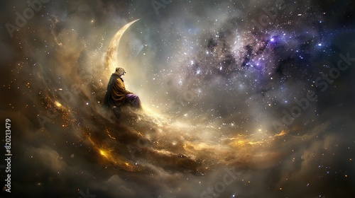  A man seated on a crescent amidst a star-filled sky and cosmos