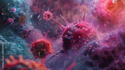 A microscopic view of T-cells attacking a virus, realism, high detail, vibrant colors, scientifically accurate depiction