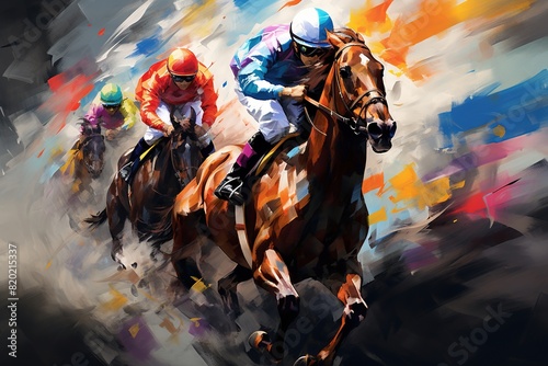 Painting of horse racing in action.