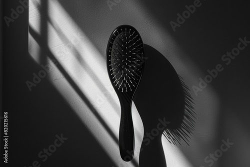 Black and white photo of a hair brush, hairdressing concept