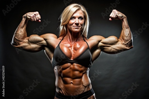 A woman with a muscular body is flexing her arm