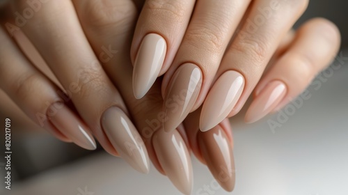 Natural nude manicure on long almond-shaped nails. Studio close-up photography. Design for poster, wallpaper, banner