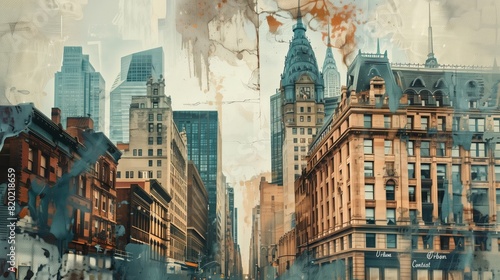 "Urban Contrast": This collage showcases modern glass skyscrapers contrasting with historical buildings. generated AI
