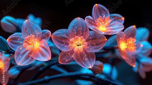  Close-up photo of flowers, illuminated by light in center of petals on flower stems