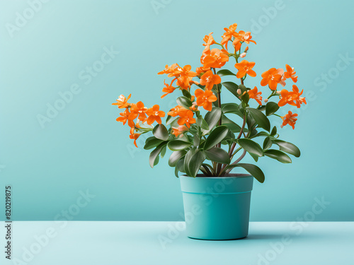 Pot plant flaunts tiny orange blossoms, soft pastel hues