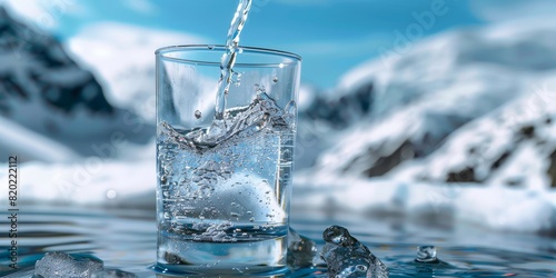 A glass of pouring crystal mineral drinking aqua water on blurred nature, 