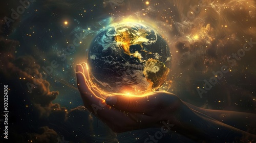 The hand of God holds the Earth in front of a beautiful space background.