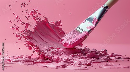  A close-up of a paintbrush with pink paint splattering onto a pink and pink background