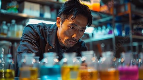food safety research, an intense asian male scientist is testing a bacterial culture on food in a lab with stainless steel surfaces, bright lighting, and labeled containers
