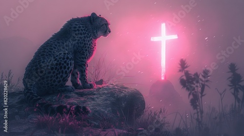  A cheetah perched on a rock, gazing at a cross through the haze, bathed in pink light
